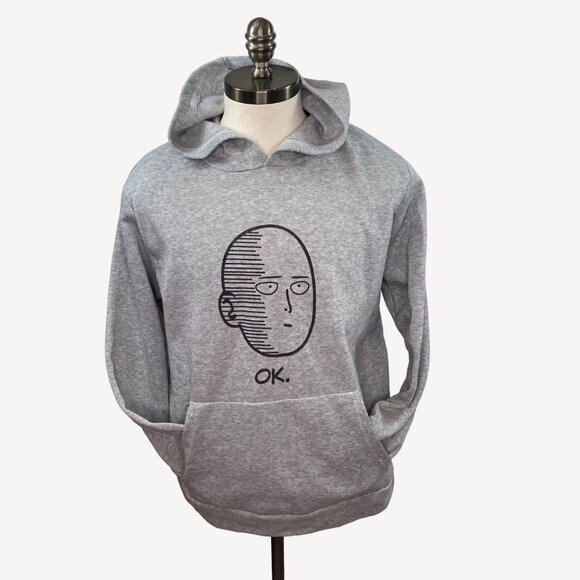 One Punch Man Anime Unisex Gray Hooded Sweatshirt "OK." Face Print - Picture 2 of 10